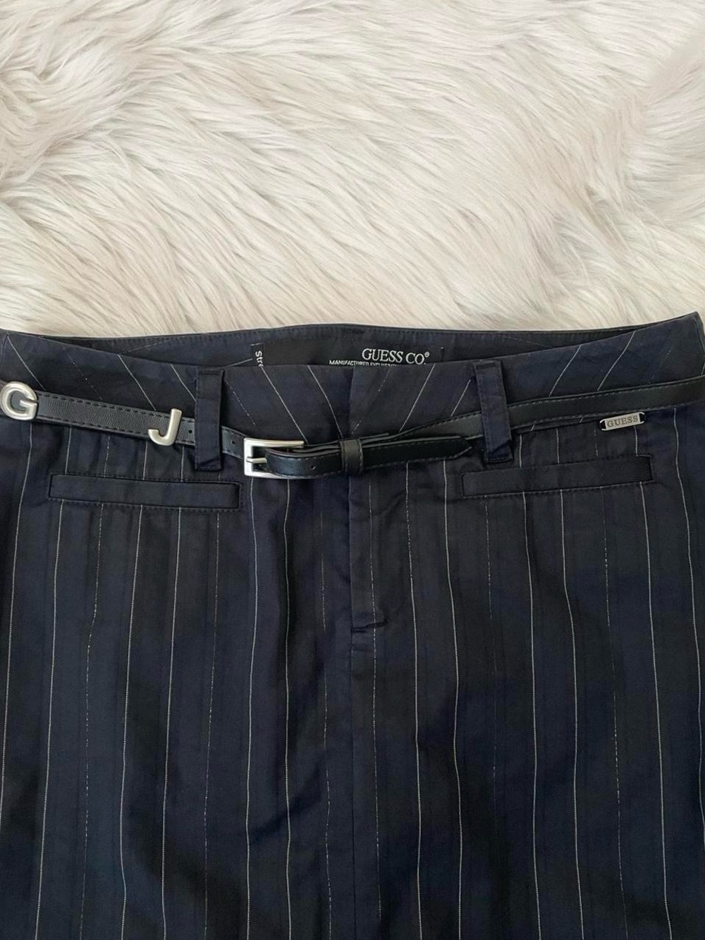 Vintage Y2K black pinstripe pencil skirt with belt by Guess